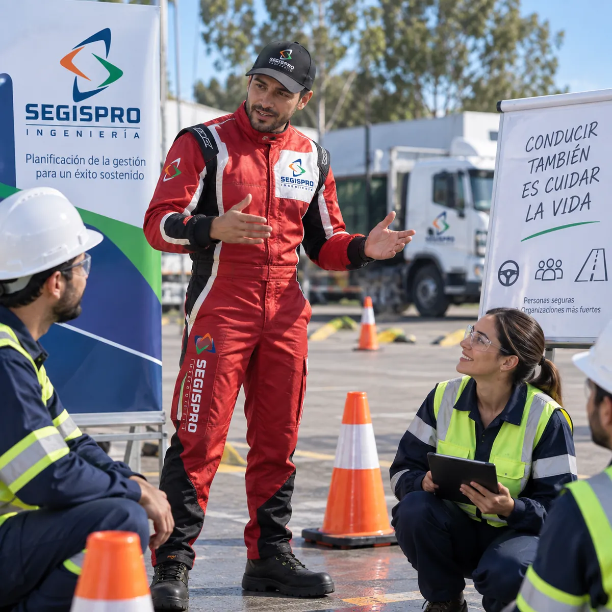 Instructor dirigiendo una campana de seguridad vial con personal operativo