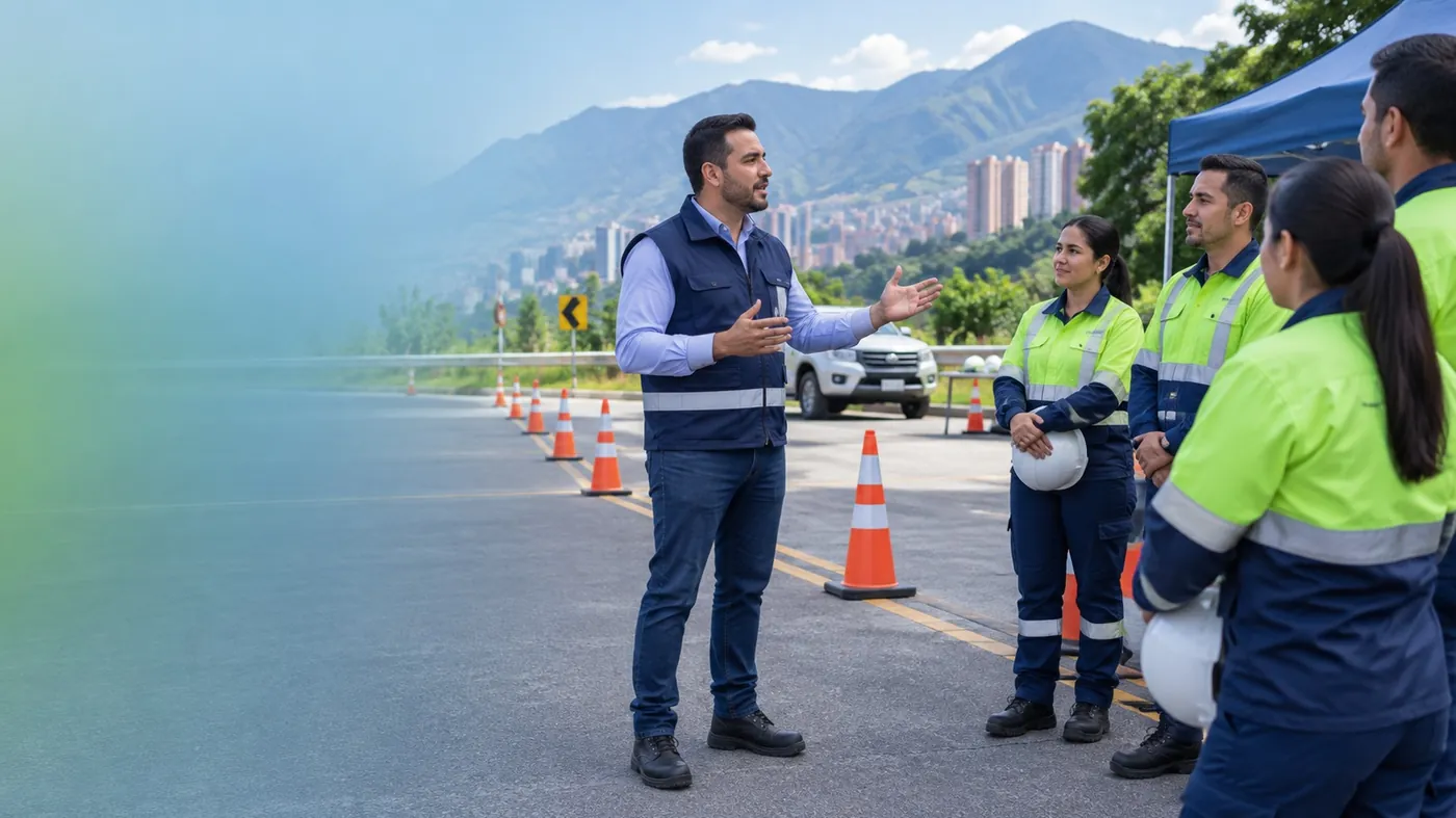Instructor de seguridad vial conversando con un equipo operativo en carretera